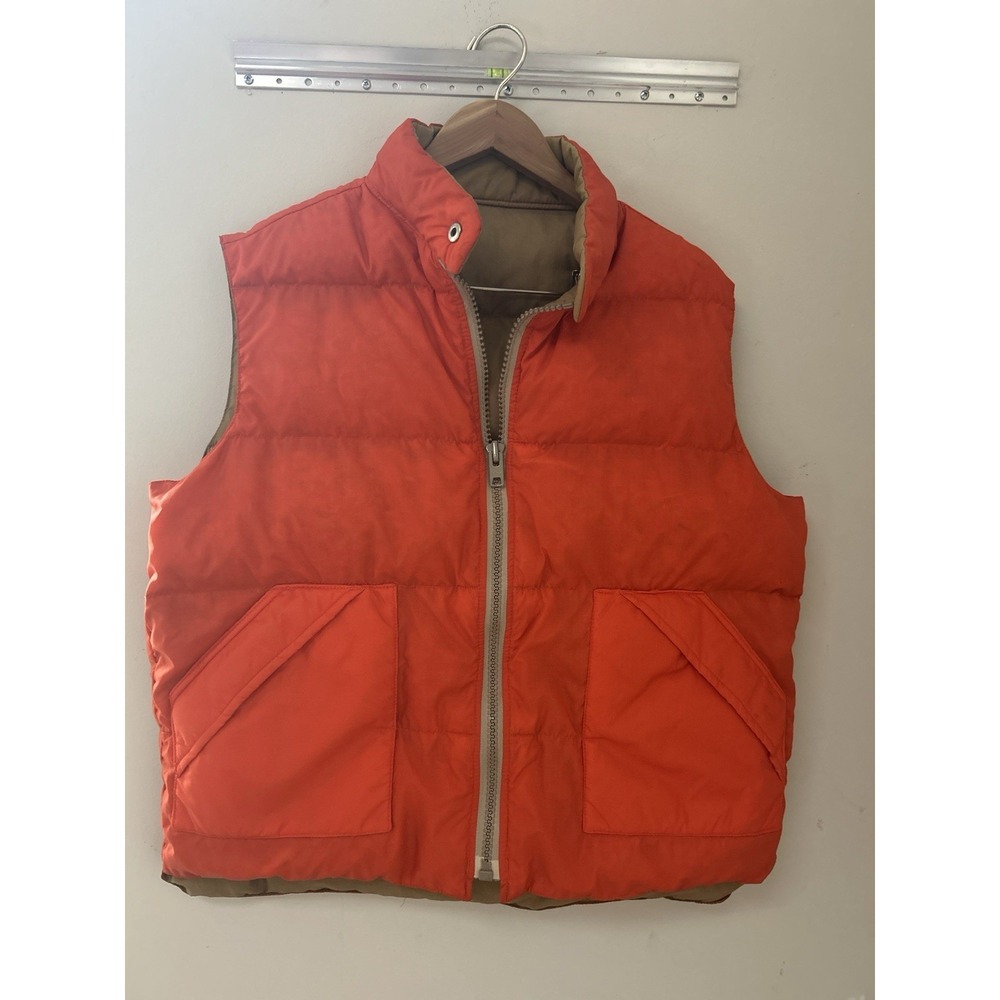 Vintage CAMEL Goose down Vest Mens XL Orange/Tan Reversible Puffer Flaw